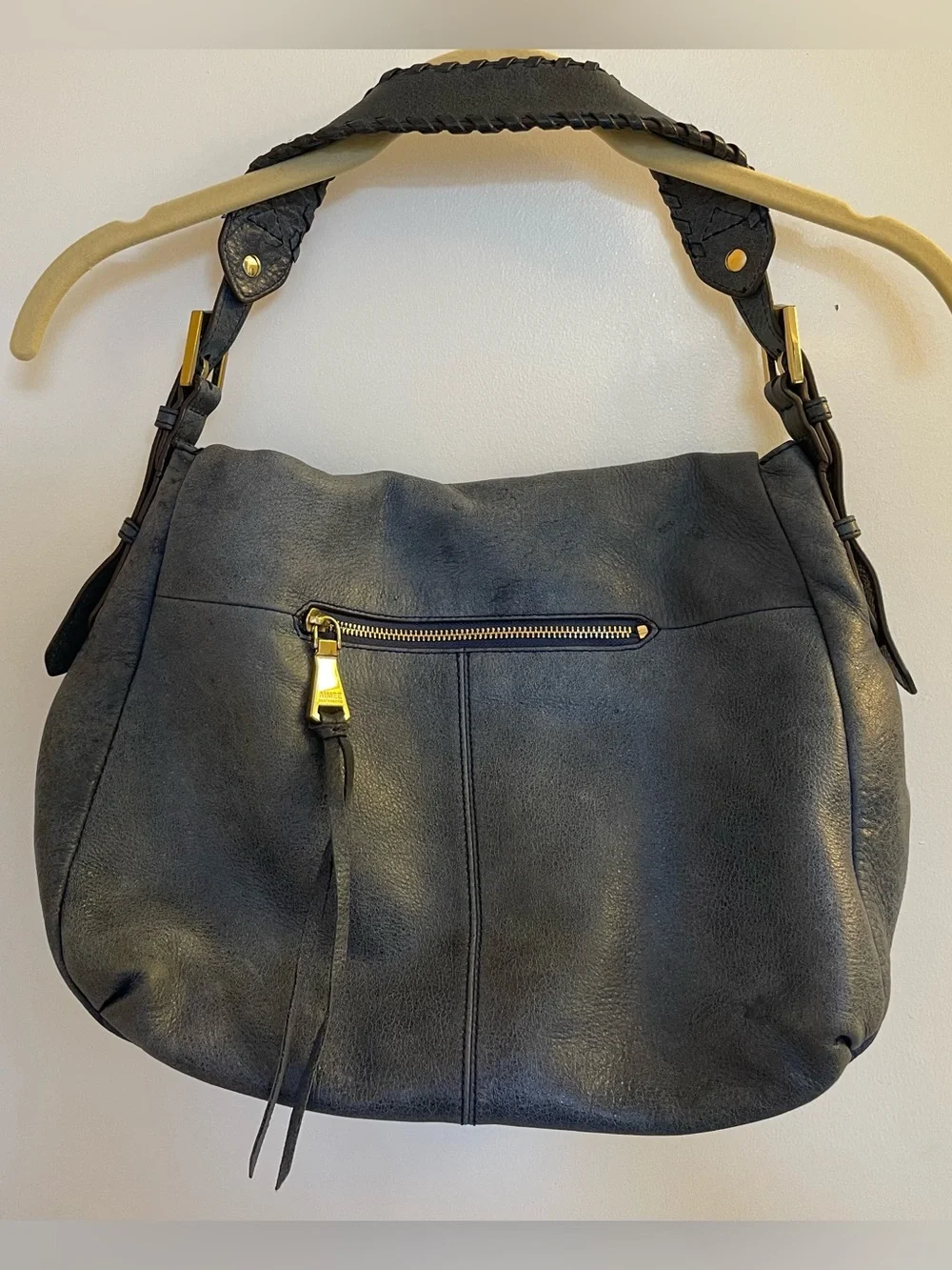 Aimee Kestenberg Bali Double Entry Leather Hobo Distressed Denim Blue With Flap